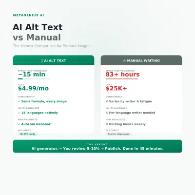 AI alt text vs manual comparison: speed, consistency, and cost side by side for Shopify product images