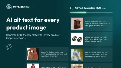 MetaGenius AI bulk alt text screen in the Shopify admin: product images listed with generated alt text ready to review
