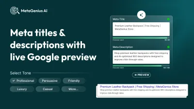 MetaGenius AI meta editor showing an AI-written meta title and description for a product, tone presets, and a Google search preview of how the snippet will look