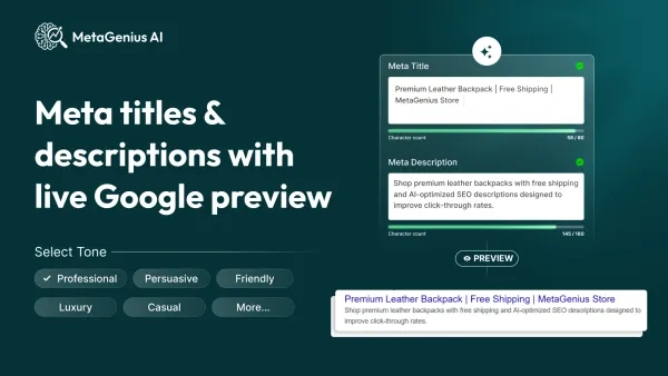 MetaGenius meta title and description editor with character counters, tone presets and a live Google preview