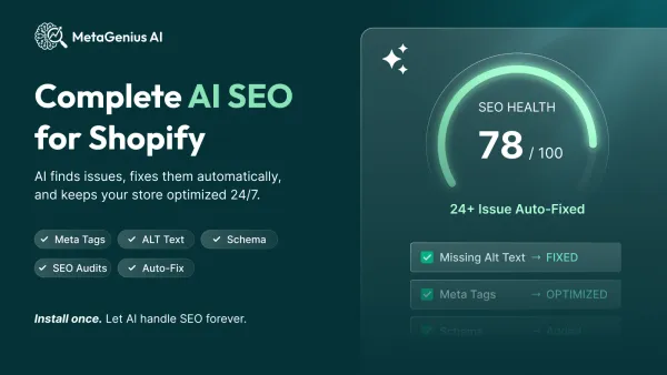 MetaGenius AI dashboard: SEO health score of 78 out of 100, with missing alt text fixed and meta tags optimized automatically