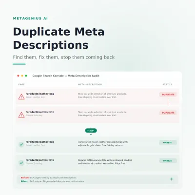 Duplicate meta descriptions Shopify: before and after audit showing duplicates fixed to unique descriptions