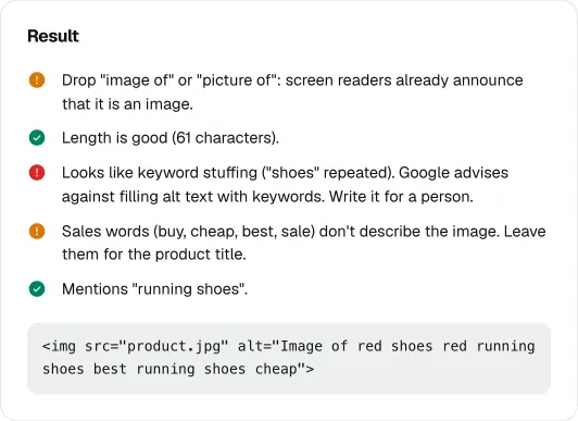 Alt text checker flagging keyword stuffing and sales words in a running shoe image description
