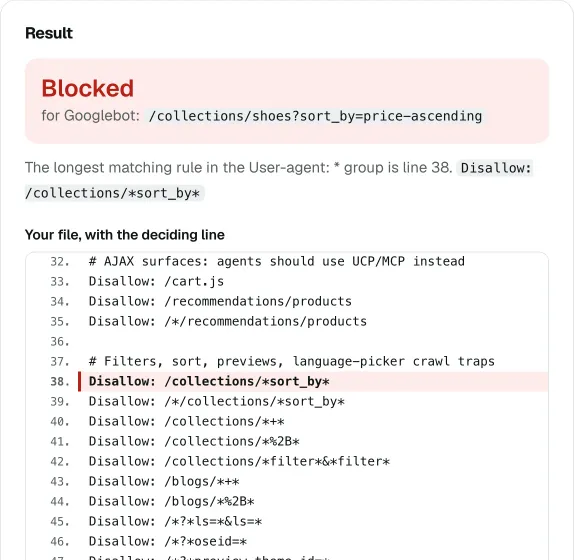 Robots.txt tester showing a sorted collection URL blocked for Googlebot by line 38