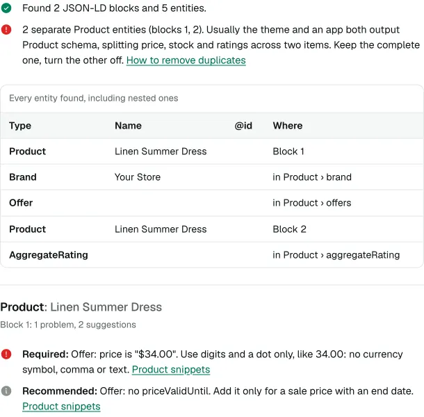 Schema checker result flagging two separate Product blocks and a price written as $34.00
