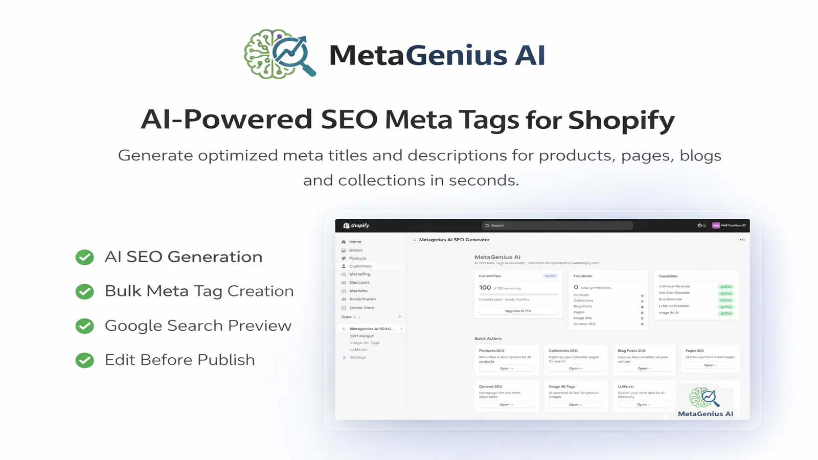 MetaGenius AI dashboard inside Shopify admin — AI SEO Generator with current plan, capabilities, and quick actions for products, collections, blogs, and pages
