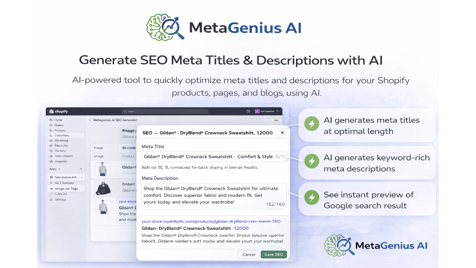 AI meta description generator showing optimized meta title, meta description with character counters, and live Google SERP preview before saving