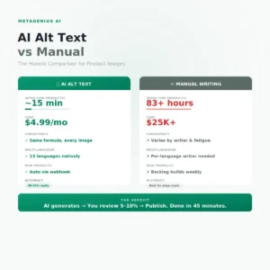 AI alt text vs manual comparison — speed, cost, and consistency side by side for Shopify product images