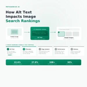How alt text impacts image search rankings — five ranking signals diagram with Google Images flow
