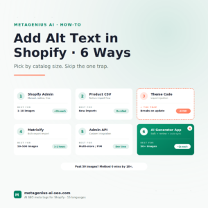 how to add alt text in Shopify — comparison of all 6 methods with time cost and best-use catalog size for each